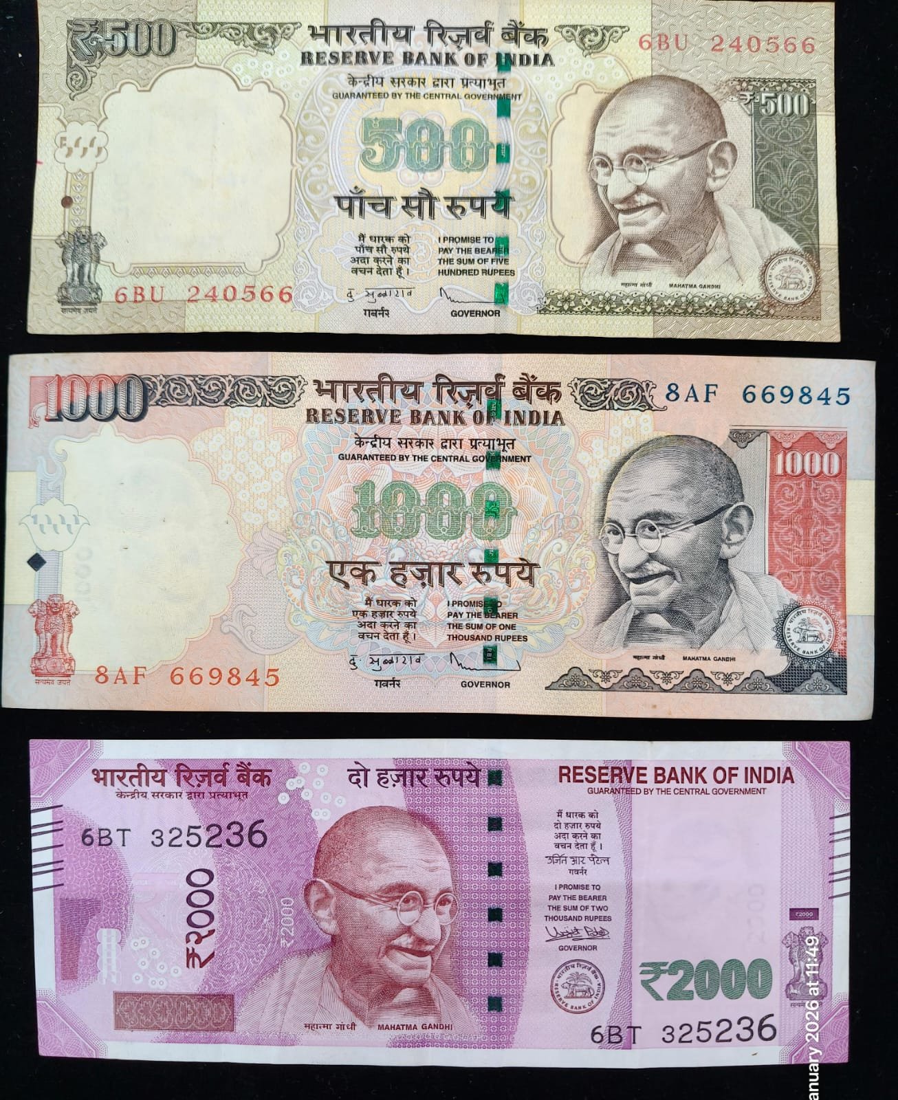 3 Demonitization Notes Indian Banknotes 2000Rs, 1000 Rs, 500rs